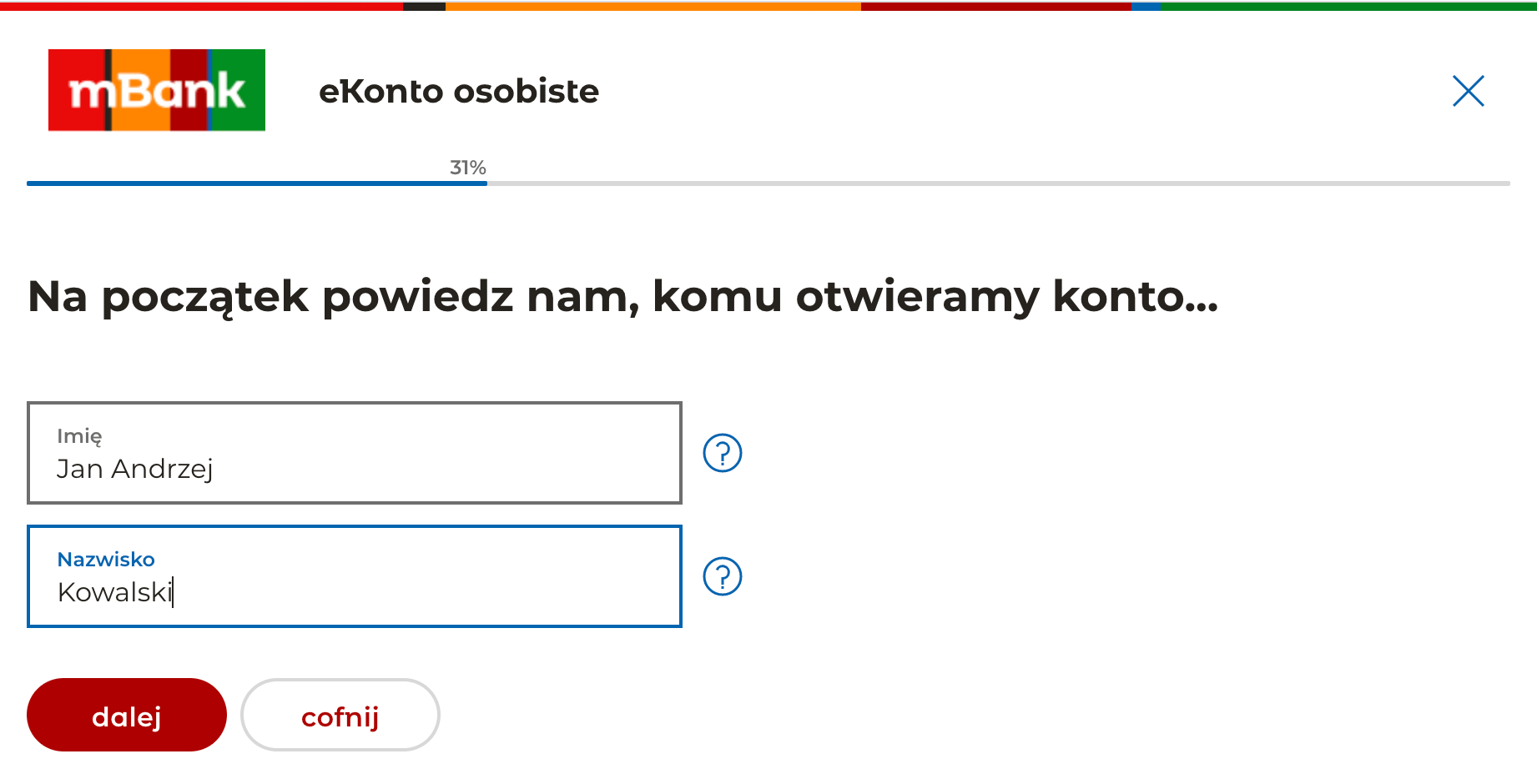 Zakładanie konta w mBanku - Krok 2.